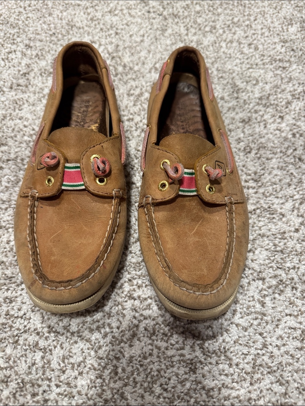 Sperry Brown Suede Boat Shoes with pink and green Striped Accent